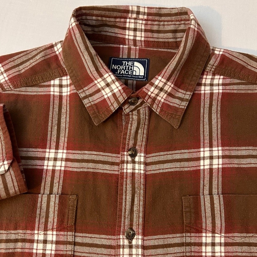 The North Face Shirt Button Down Mens Medium Brown Plaid Flannel Long Sleeve‎